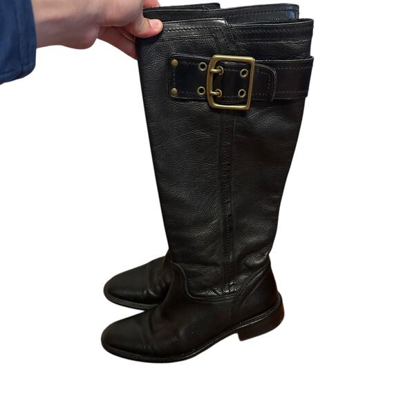 Coach Victoria Black Leather Riding Boots Brass Buckles Size 6.5 Minimalist - Picture 3 of 13